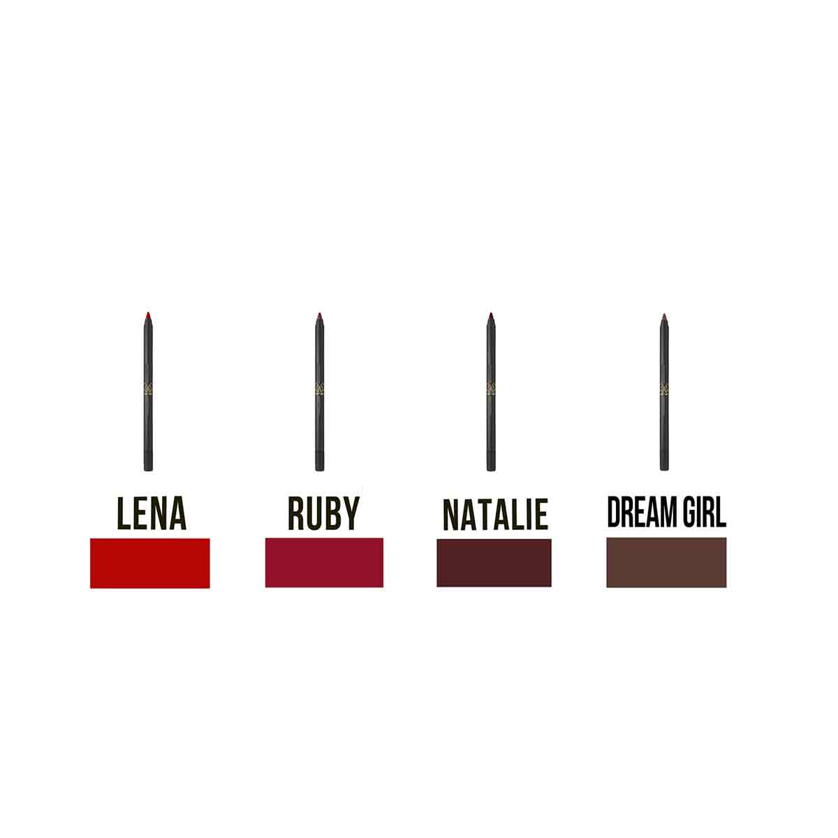 All 4 Legacy Dream Luxury Lip Liners: LENA, RUBY, NATALIE and DREAM GIRL. All 4 are made from a smooth, creamy formula that glides on effortlessly to help line and define your lips. Highly pigmented, rich, smudge-proof color that prevents lip color bleeding and extends the wear of your lip gloss and lipstick. Wear alone or under your favorite lip gloss and lipstick.